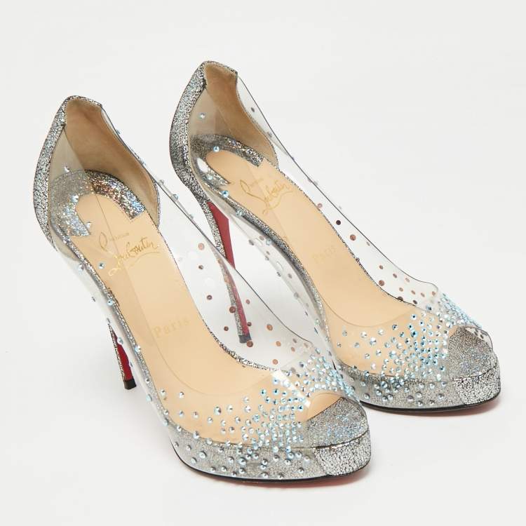 Pre Owned Christian Louboutin Transparent/Blue PVC and Glitter Suede Very Strass Peep Toe Pumps Size 38