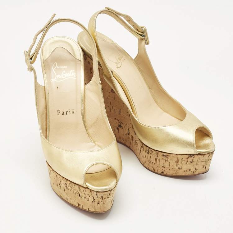 Pre Owned Christian Louboutin Gold Leather Une Plume Wedge Sandals Size 37