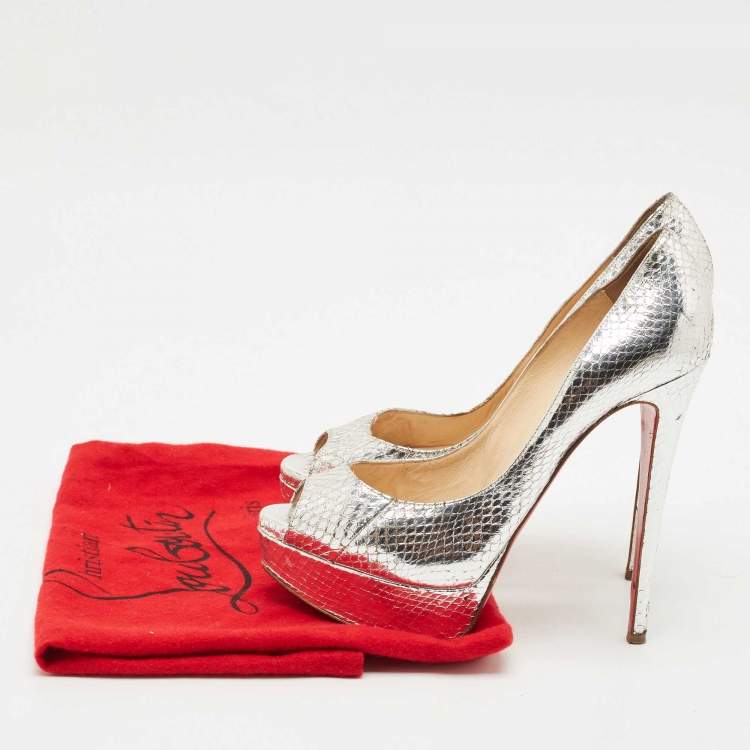 Pre Owned Christian Louboutin Silver Python Embossed Leather Lady Peep Toe Pumps Size 37.5
