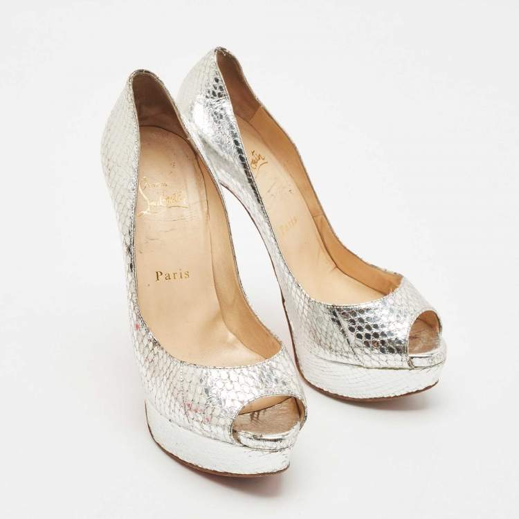 Pre Owned Christian Louboutin Silver Python Embossed Leather Lady Peep Toe Pumps Size 37.5