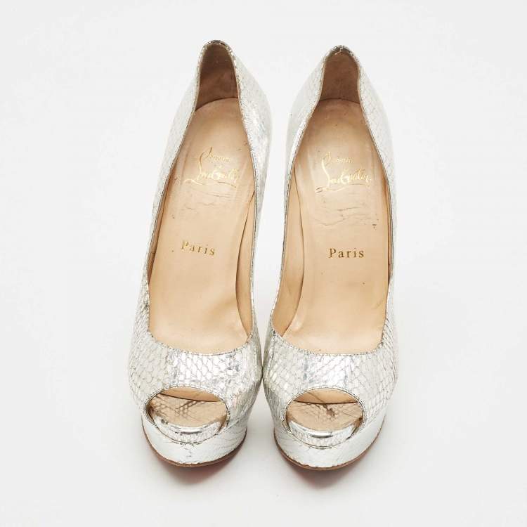 Pre Owned Christian Louboutin Silver Python Embossed Leather Lady Peep Toe Pumps Size 37.5