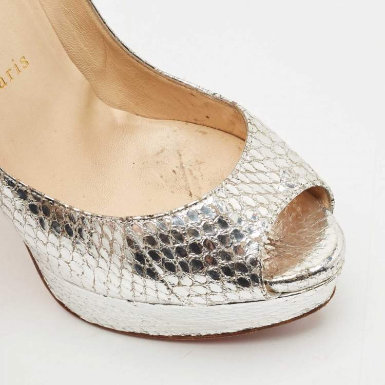 Pre Owned Christian Louboutin Silver Python Embossed Leather Lady Peep Toe Pumps Size 37.5