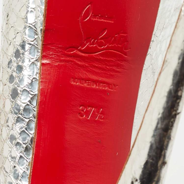 Pre Owned Christian Louboutin Silver Python Embossed Leather Lady Peep Toe Pumps Size 37.5