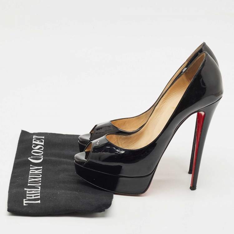Pre Owned Christian Louboutin Black Patent Leather Lady Peep Toe Pumps Size 38