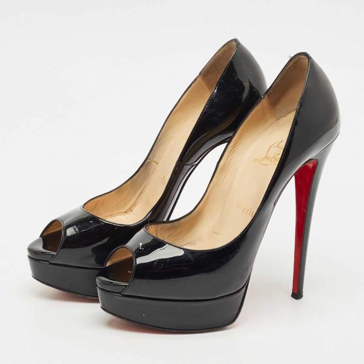 Pre Owned Christian Louboutin Black Patent Leather Lady Peep Toe Pumps Size 38