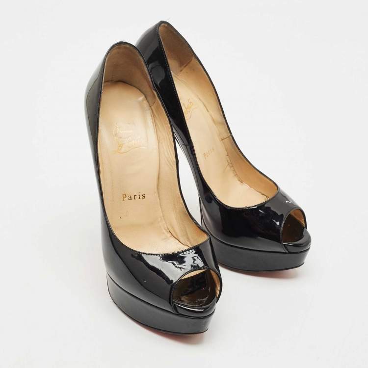 Pre Owned Christian Louboutin Black Patent Leather Lady Peep Toe Pumps Size 38