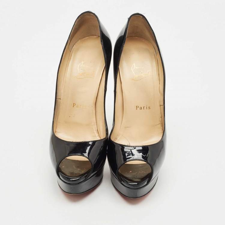 Pre Owned Christian Louboutin Black Patent Leather Lady Peep Toe Pumps Size 38