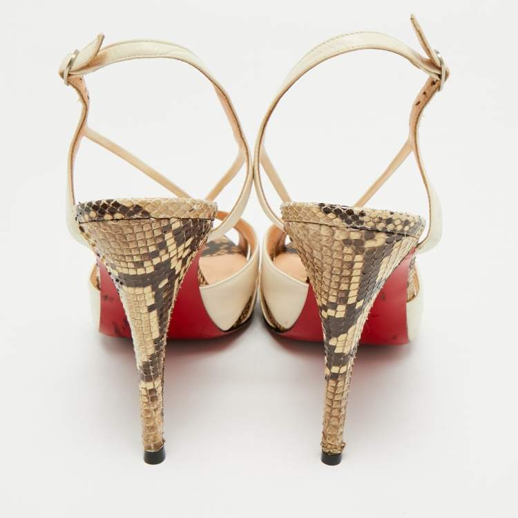 Pre Owned Christian Louboutin White/Brown Python and Leather Activa Platform Sandals Size 39