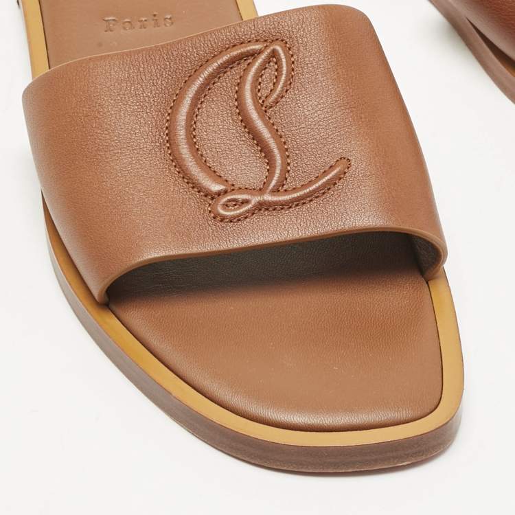 Pre Owned Christian Louboutin Brown Leather CL Flat Slides Size 40    