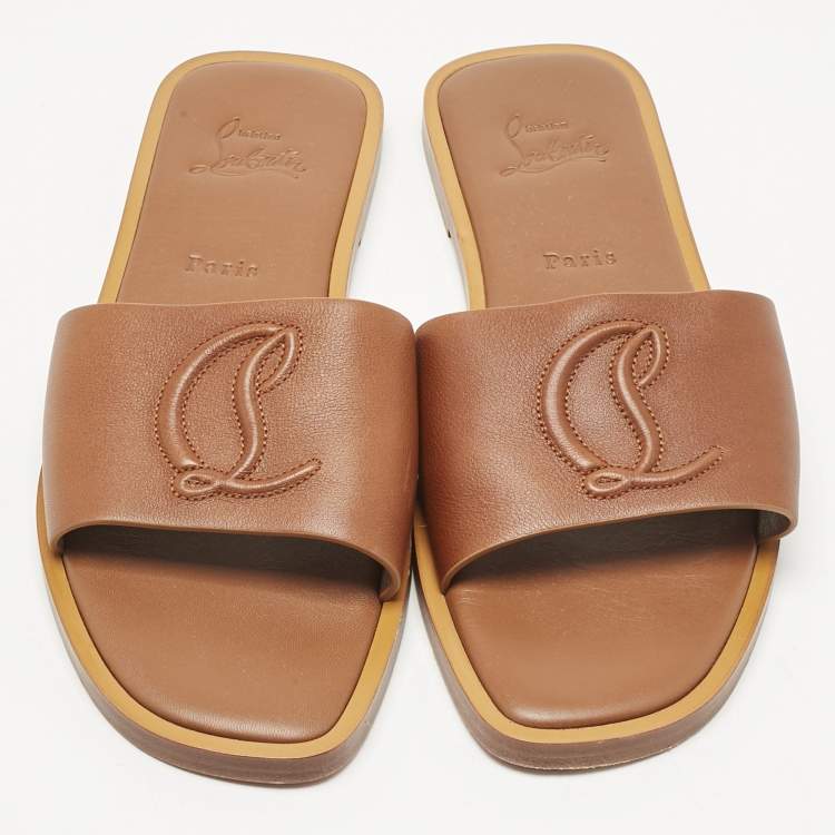 Pre Owned Christian Louboutin Brown Leather CL Flat Slides Size 40    