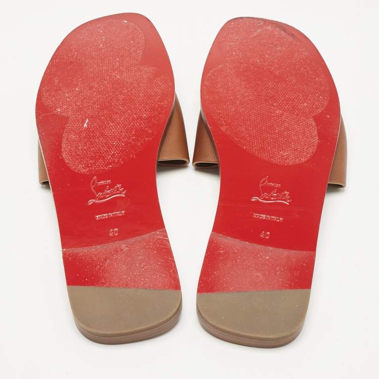 Pre Owned Christian Louboutin Brown Leather CL Flat Slides Size 40    