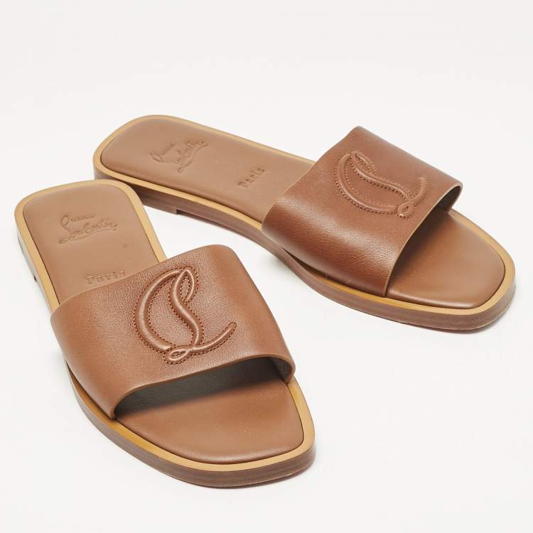 Pre Owned Christian Louboutin Brown Leather CL Flat Slides Size 40    