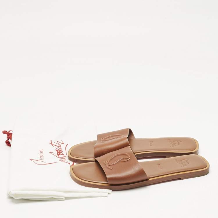 Pre Owned Christian Louboutin Brown Leather CL Flat Slides Size 40    
