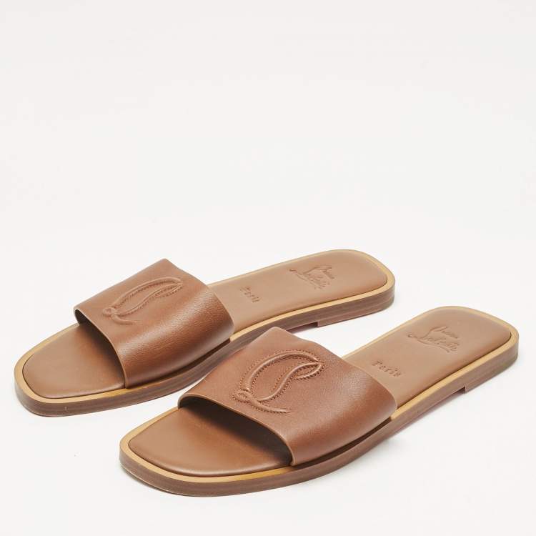 Pre Owned Christian Louboutin Brown Leather CL Flat Slides Size 40    