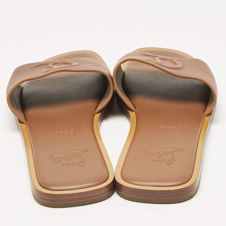 Pre Owned Christian Louboutin Brown Leather CL Flat Slides Size 40    
