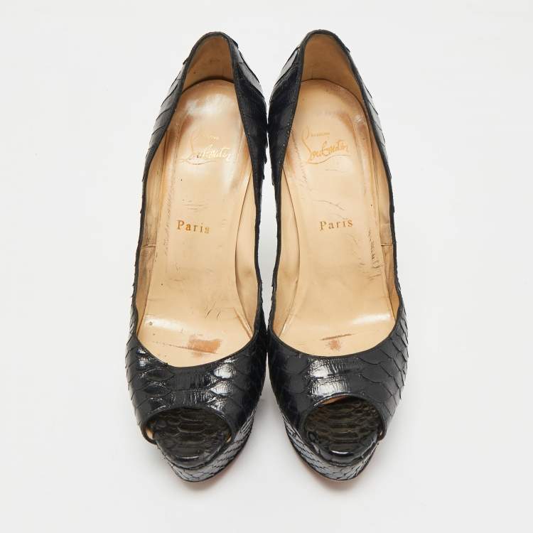 Pre Owned Christian Louboutin Black Python Lady Peep-Toe Platform Pumps Size 38