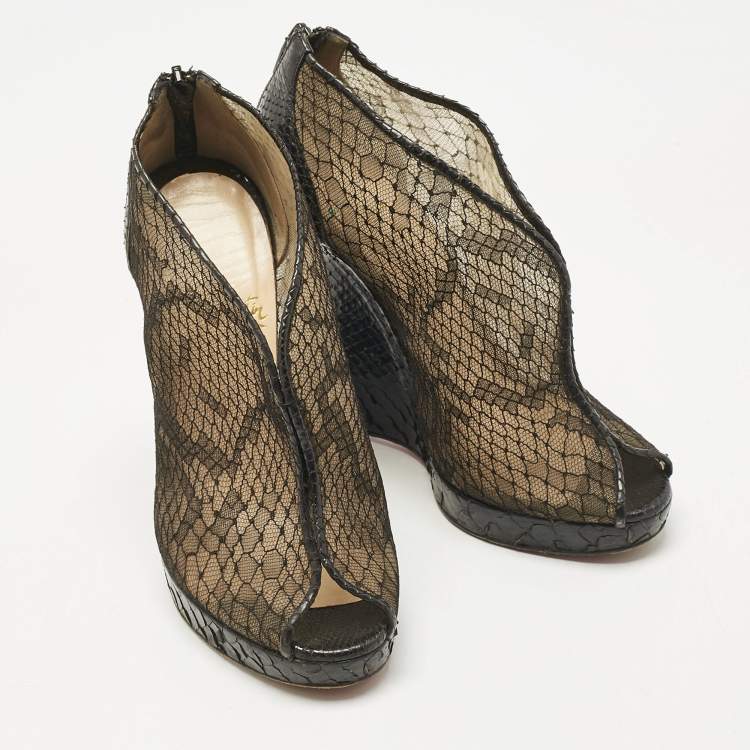 Pre Owned Christian Louboutin Black Python and Mesh Janet Wedge Pumps Size 36