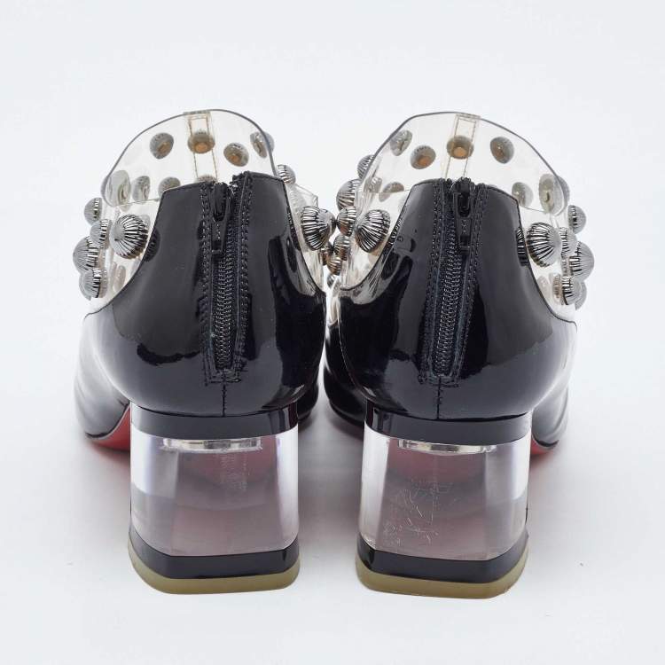 Pre Owned Christian Louboutin Black Patent Leather and PVC Space Odd Booties Size 38