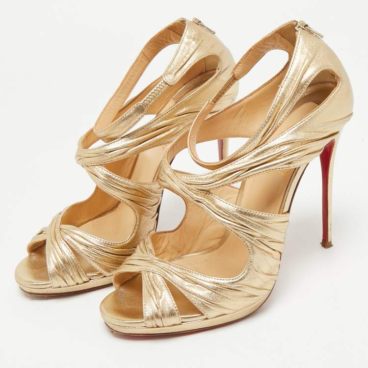 Pre Owned Christian Louboutin Metallic Gold Leather Stiletto Kashou Nappa Sandals Size 38