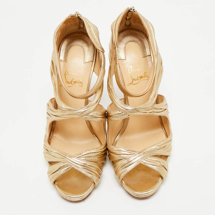Pre Owned Christian Louboutin Metallic Gold Leather Stiletto Kashou Nappa Sandals Size 38
