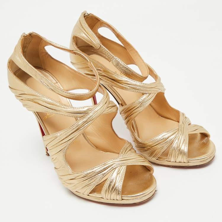 Pre Owned Christian Louboutin Metallic Gold Leather Stiletto Kashou Nappa Sandals Size 38