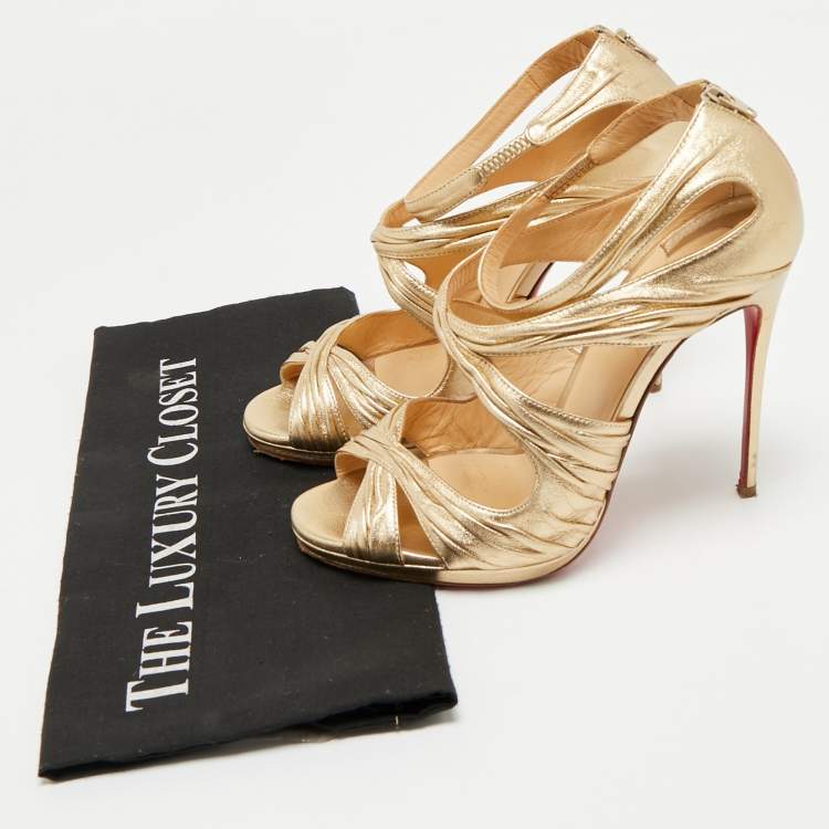 Pre Owned Christian Louboutin Metallic Gold Leather Stiletto Kashou Nappa Sandals Size 38