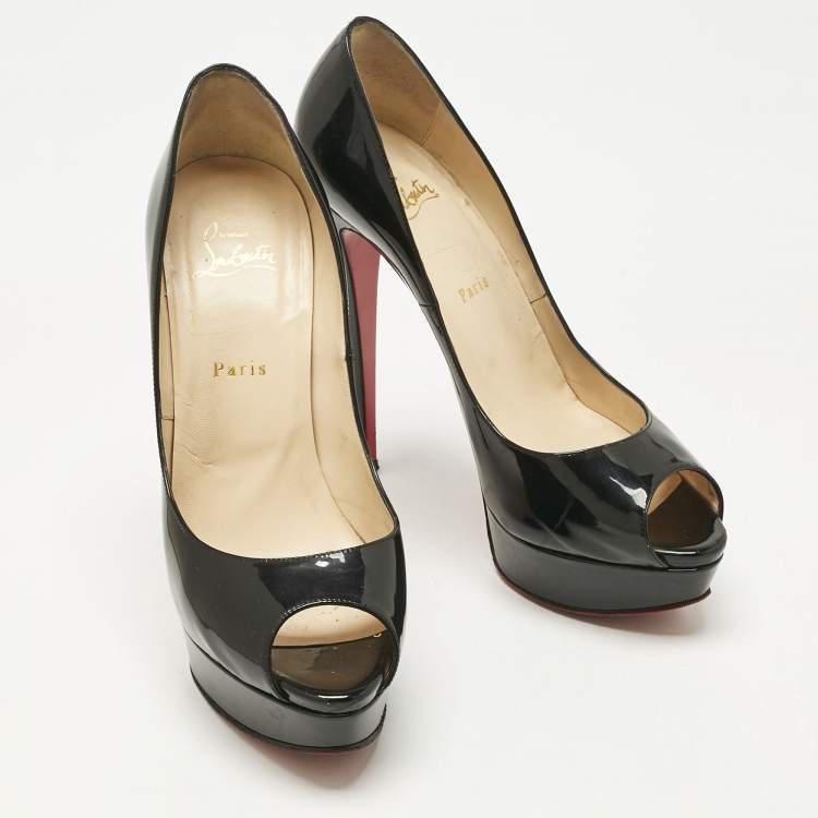 Pre Owned Christian Louboutin Black Patent Leather Lady Peep Toe Platform Pumps Size 40.5