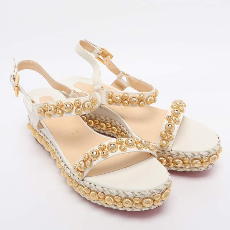 Pre Owned Christian Louboutin White Leather Lady Rondaclou Wedge Platform Sandals Size 42