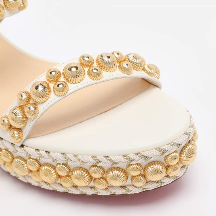 Pre Owned Christian Louboutin White Leather Lady Rondaclou Wedge Platform Sandals Size 42