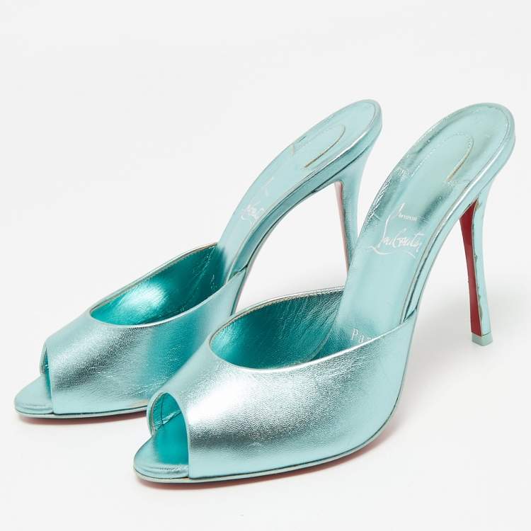 Pre Owned Christian Louboutin Metallic Blue Leather Me Dolly Mules Size 38