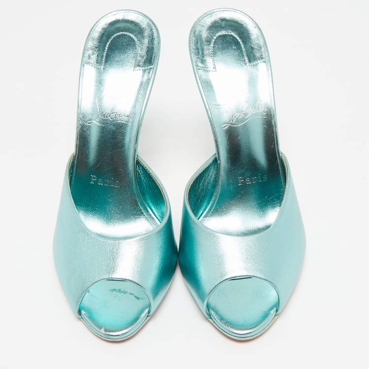 Pre Owned Christian Louboutin Metallic Blue Leather Me Dolly Mules Size 38