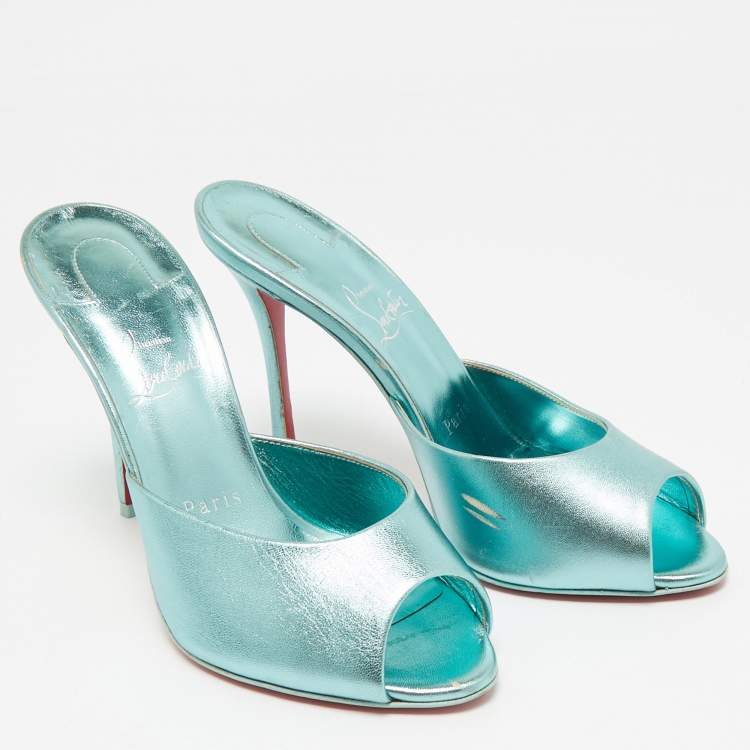 Pre Owned Christian Louboutin Metallic Blue Leather Me Dolly Mules Size 38