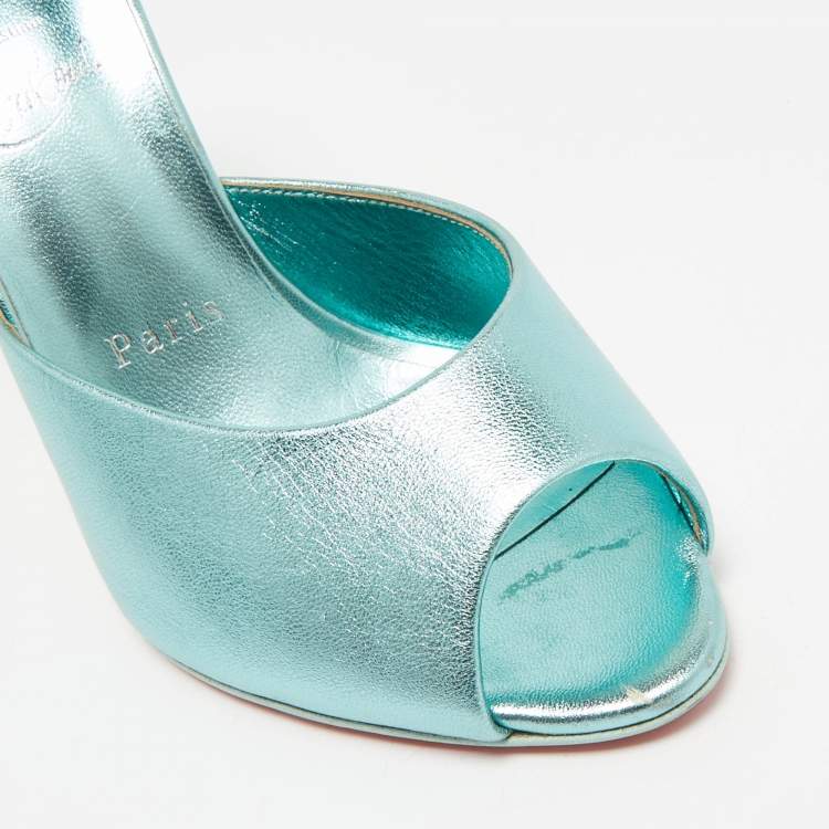 Pre Owned Christian Louboutin Metallic Blue Leather Me Dolly Mules Size 38