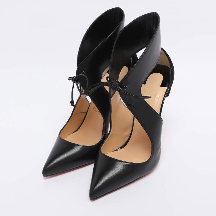 Pre Owned Christian Louboutin Black Leather and Suede Cut-Out Pointed Toe Pumps Size 38.5
