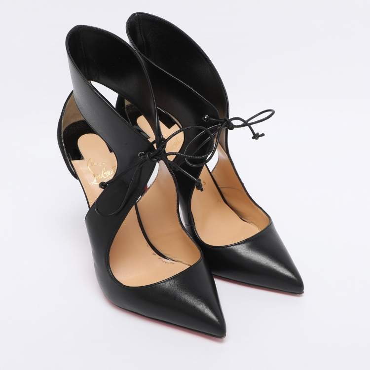 Pre Owned Christian Louboutin Black Leather and Suede Cut-Out Pointed Toe Pumps Size 38.5