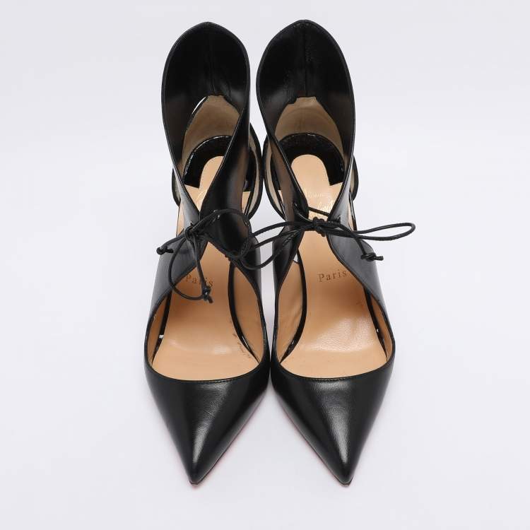 Pre Owned Christian Louboutin Black Leather and Suede Cut-Out Pointed Toe Pumps Size 38.5