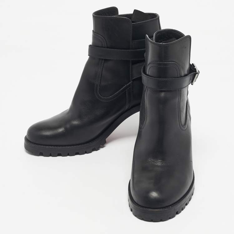 Pre Owned Christian Louboutin Black Leather  Block Heel Ankle Length Boots Size 37.5
