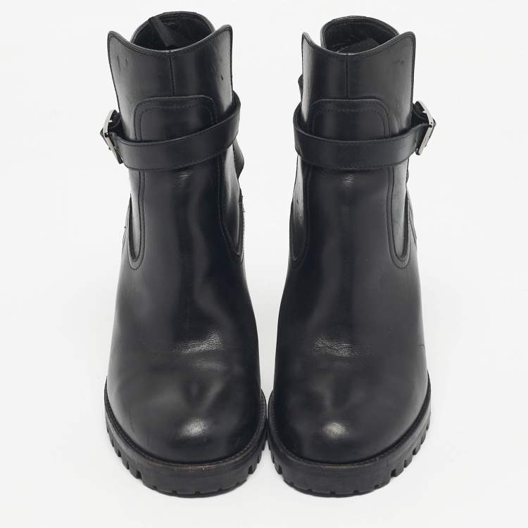 Pre Owned Christian Louboutin Black Leather  Block Heel Ankle Length Boots Size 37.5