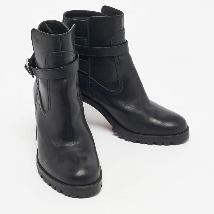 Pre Owned Christian Louboutin Black Leather  Block Heel Ankle Length Boots Size 37.5