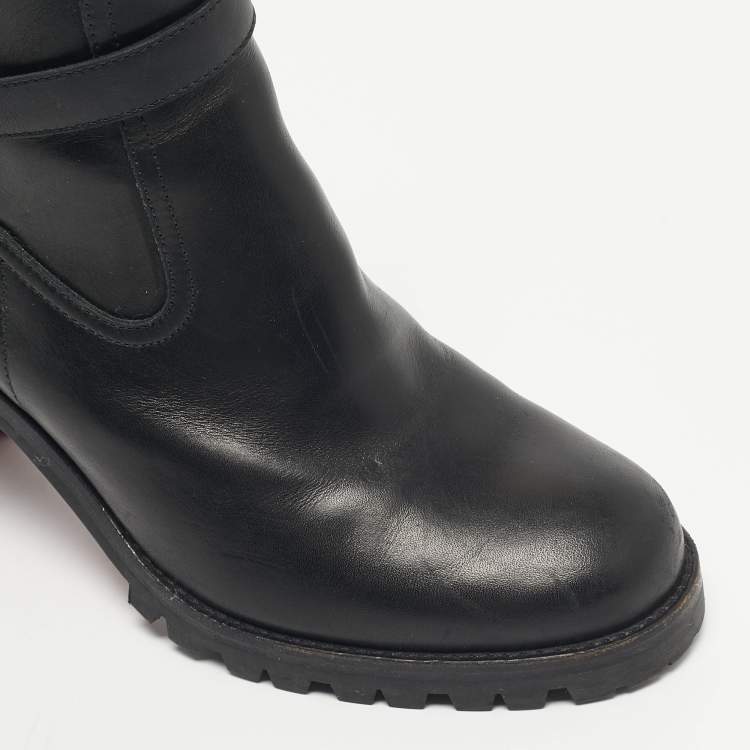 Pre Owned Christian Louboutin Black Leather  Block Heel Ankle Length Boots Size 37.5