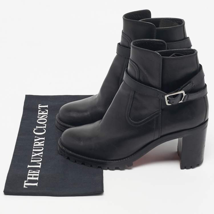 Pre Owned Christian Louboutin Black Leather  Block Heel Ankle Length Boots Size 37.5