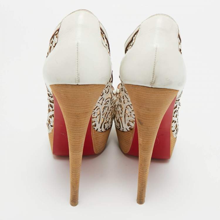 Pre Owned Christian Louboutin White Laser Cut Leather And Mesh Evita Peep Toe Platform Pumps Size 39