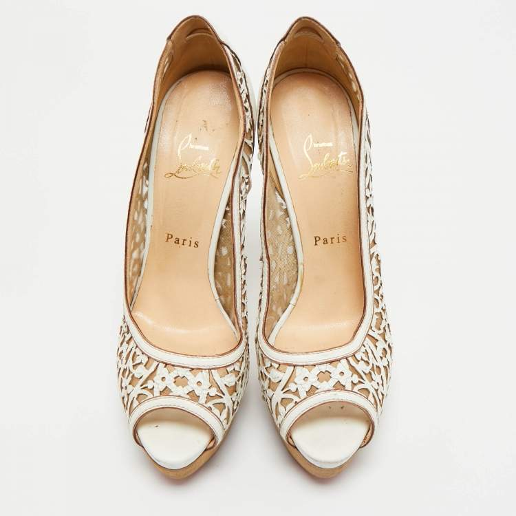 Pre Owned Christian Louboutin White Laser Cut Leather And Mesh Evita Peep Toe Platform Pumps Size 39