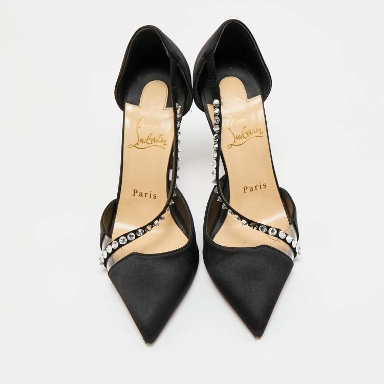 مملوكة مسبقًا Christian Louboutin Black Satin and PVC Krystal Cross Pumps Size 36.5