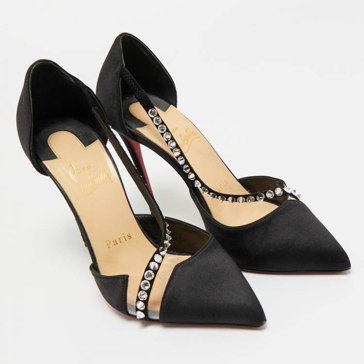 مملوكة مسبقًا Christian Louboutin Black Satin and PVC Krystal Cross Pumps Size 36.5