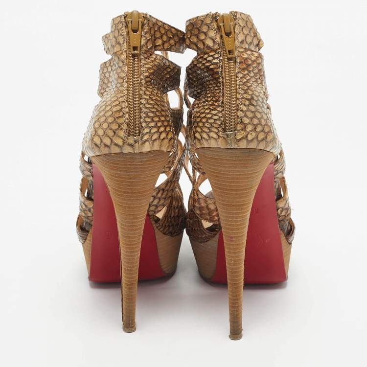 Pre Owned Christian Louboutin Brown/Beige Python Leather Balota Platform Sandals Size 38.5