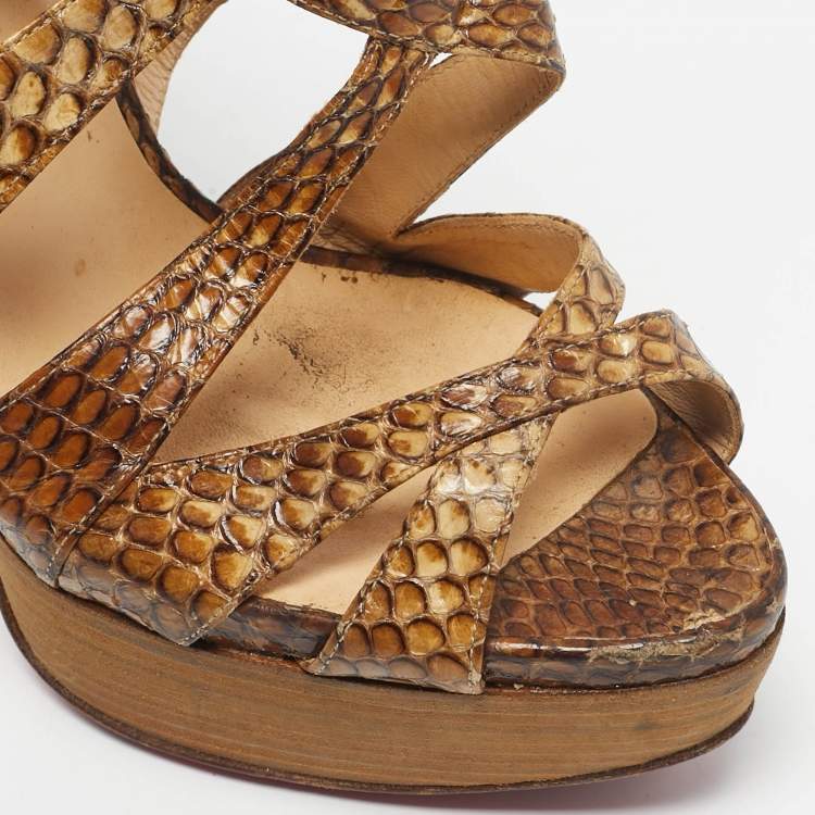 Pre Owned Christian Louboutin Brown/Beige Python Leather Balota Platform Sandals Size 38.5