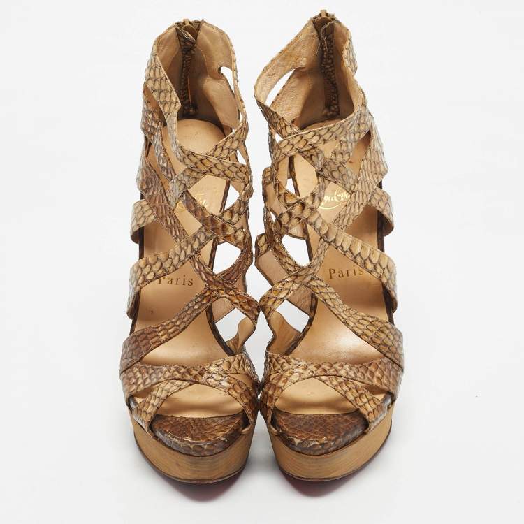 Pre Owned Christian Louboutin Brown/Beige Python Leather Balota Platform Sandals Size 38.5