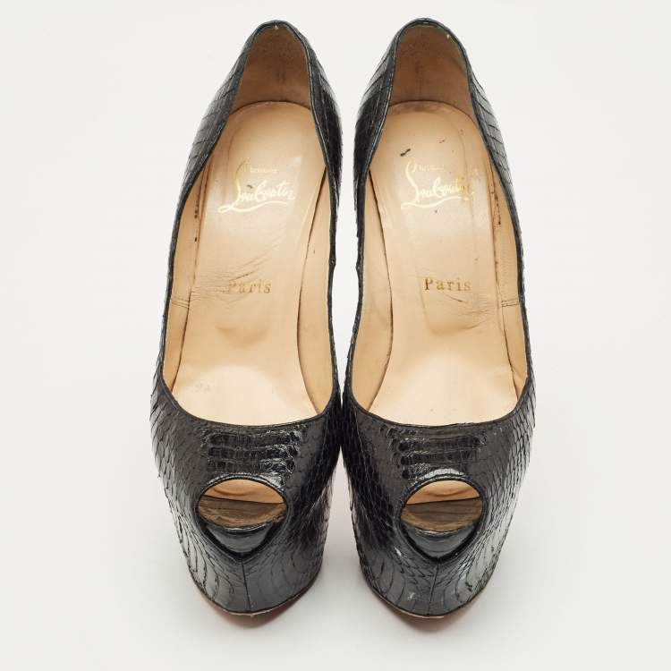 Pre Owned Christian Louboutin Black Python Lady Highness Peep Toe Pumps Size 39.5