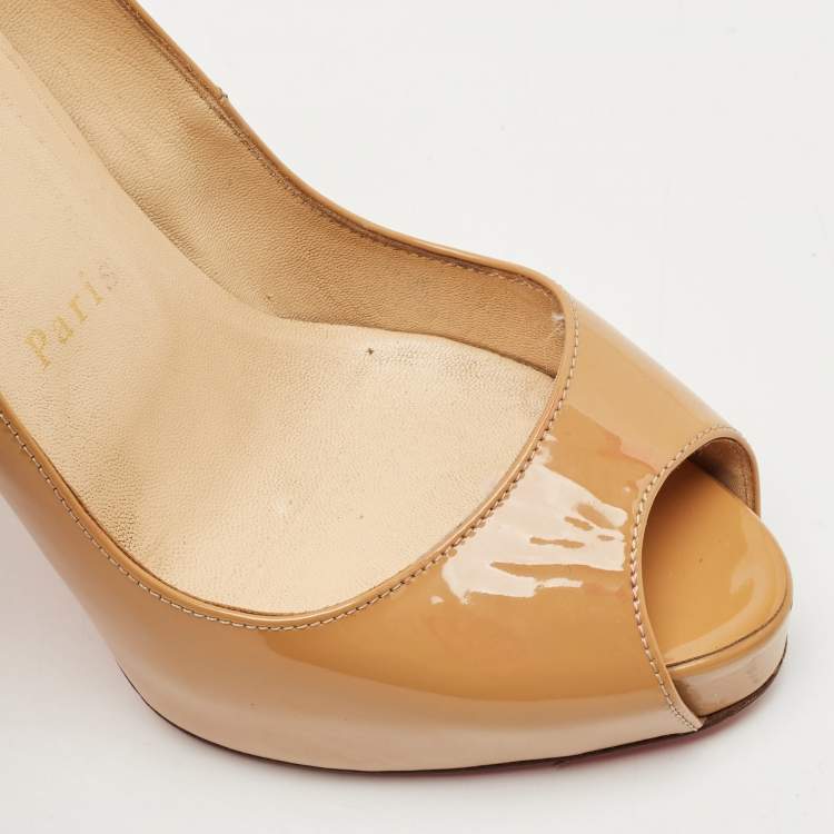 Pre Owned Christian Louboutin Beige Patent Leather Very Prive Peep Toe Platform Pumps Size 34